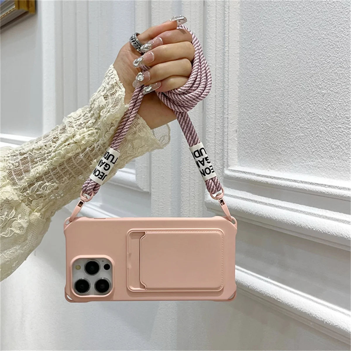 Phone Case for IPhone 17 Air 16E 16 15 Plus 14 12 13 11 Pro Max XS XR 8 7 Shockproof Silicone Card Slot Crossbody Necklace Cover