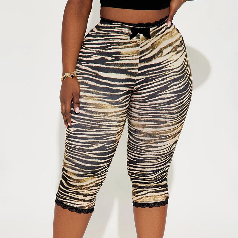 CUTENOVA Sexy Hottie Lace Edge Bow Decoration Leopard Print Slim Seven Pants Summer New Women'S Fashion Street Casual Seven Pant