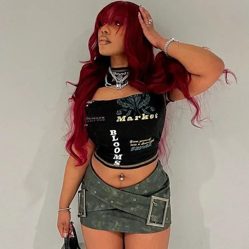 Hollow Out Crop Top Women Summer Aesthetic Clothes Printing Y2k Accessories O-Neck Ropa De Mujer Sexy Roupas Femininas Estilosas