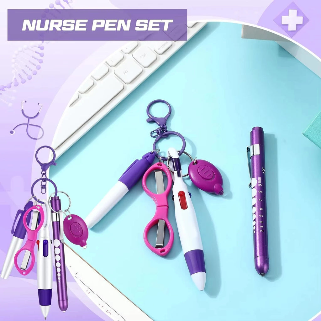 6in1 Multifunction Retractable Nurse Ball Pen Set Flashlight Foldable Scissors Ballpoint Pen Keychain Pens Permanent Marker