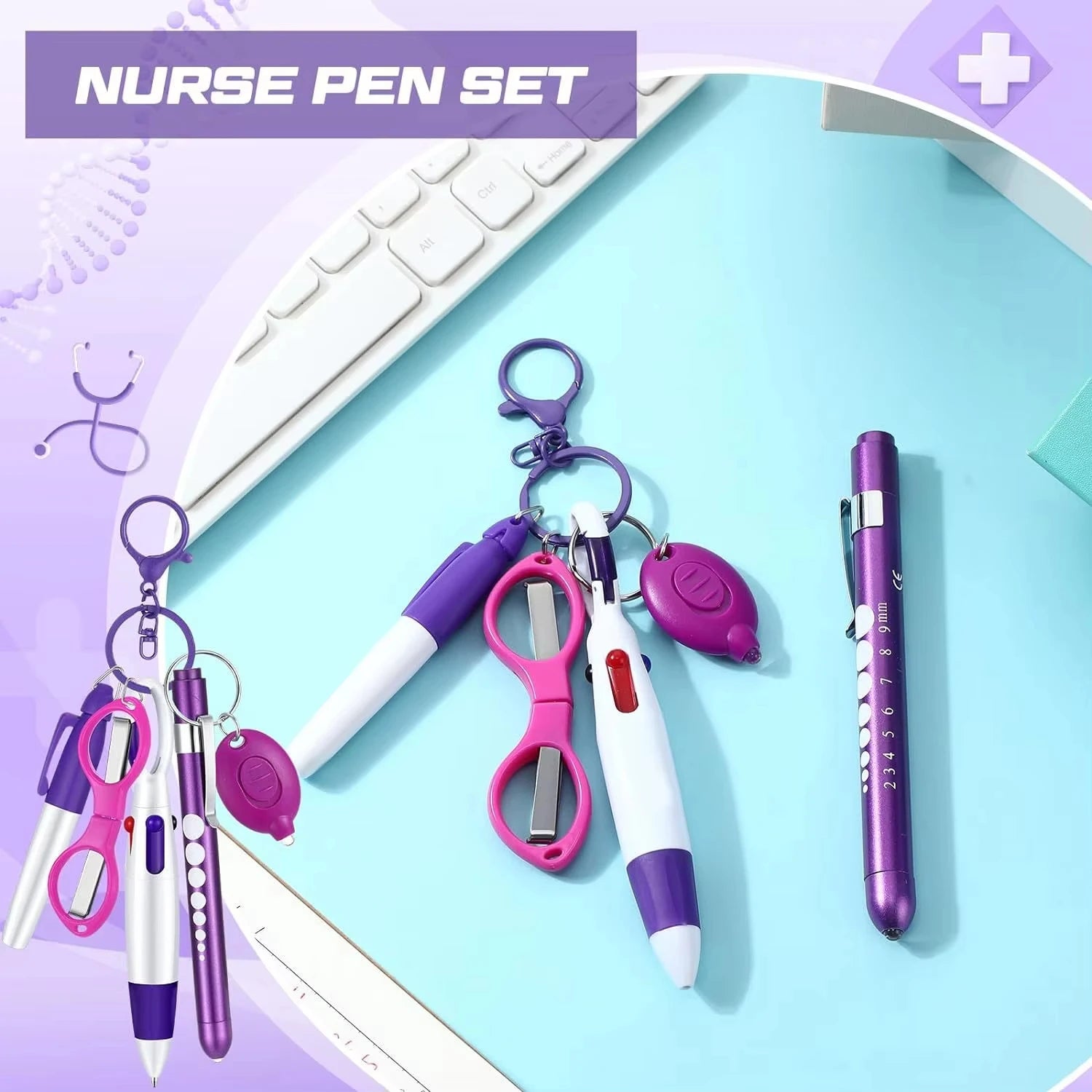 6in1 Multifunction Retractable Nurse Ball Pen Set Flashlight Foldable Scissors Ballpoint Pen Keychain Pens Permanent Marker