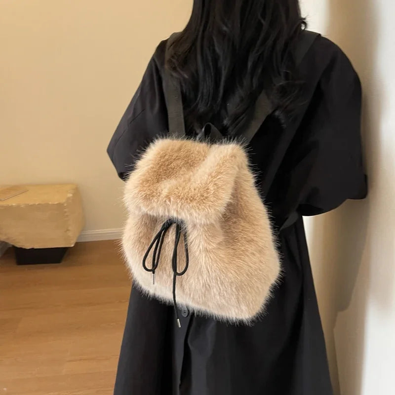 2026 Casual Faux Fur Backpack for Women Drawstring Flap Closure Large Capacity School Bag Trendy Travel