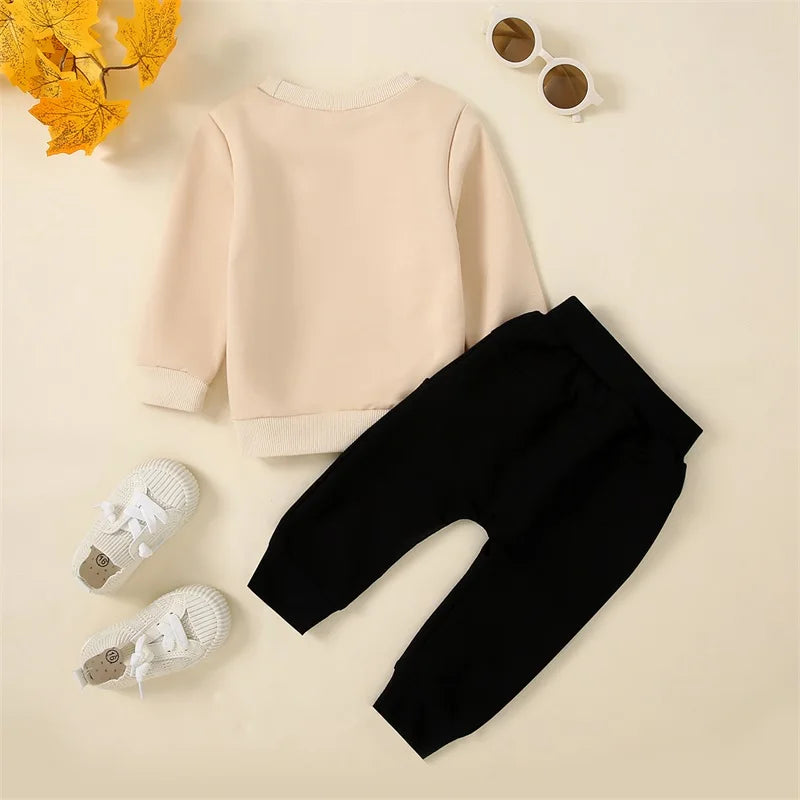 Pudcoco Infant Newborn Baby Boy Fall Outfit Letter Print Long Sleeve Sweatshirt Elastic Waist Pants with 3D Bow 2 Piece Set 0-3T