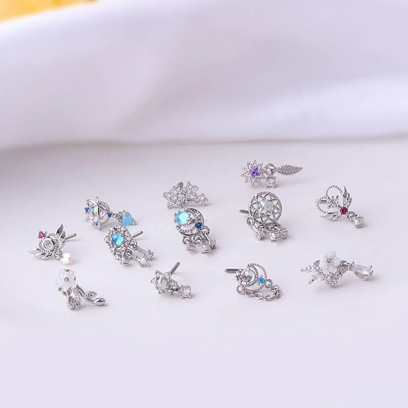 1Piece Fashion L Shaped Dangle Nose Studs Piercing 20G Stainless Steel Flower Moon Tassels Zircon Nostril Screw Piercing Jewelry