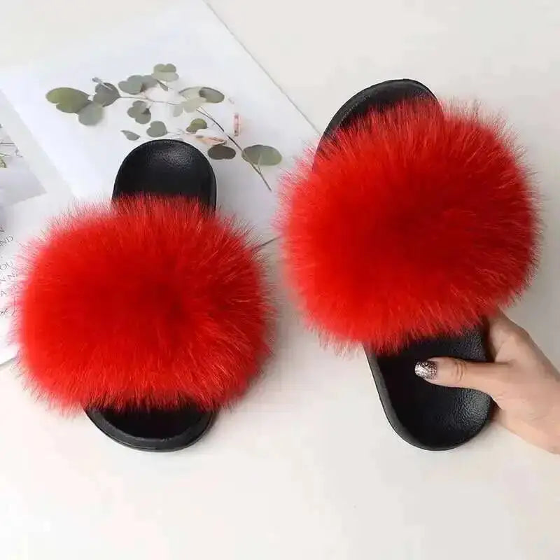 Ladies Real Fox Fur Slippers Summer Female Slides New Fuzzy Indoor Home Flats Women Cute Sandals Outdoor Beach Shoes Flip Flops