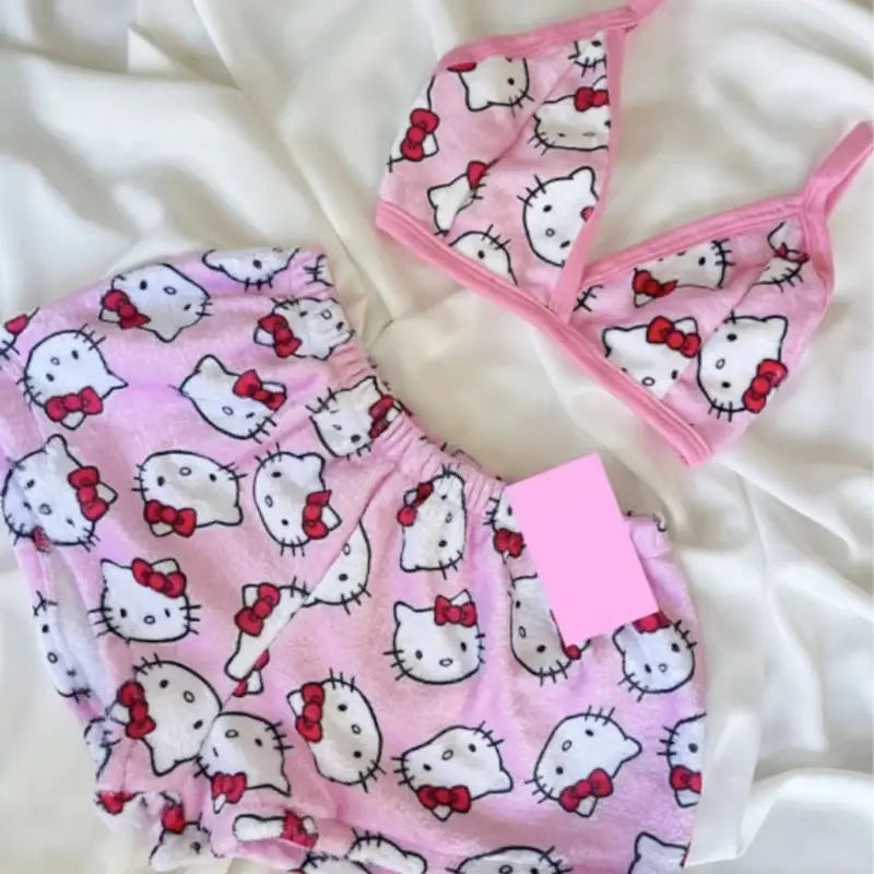 HelloKitty Cute Cartoon Women Pajama Set Vest Shorts Sleepwear Homewear Casual Outfit