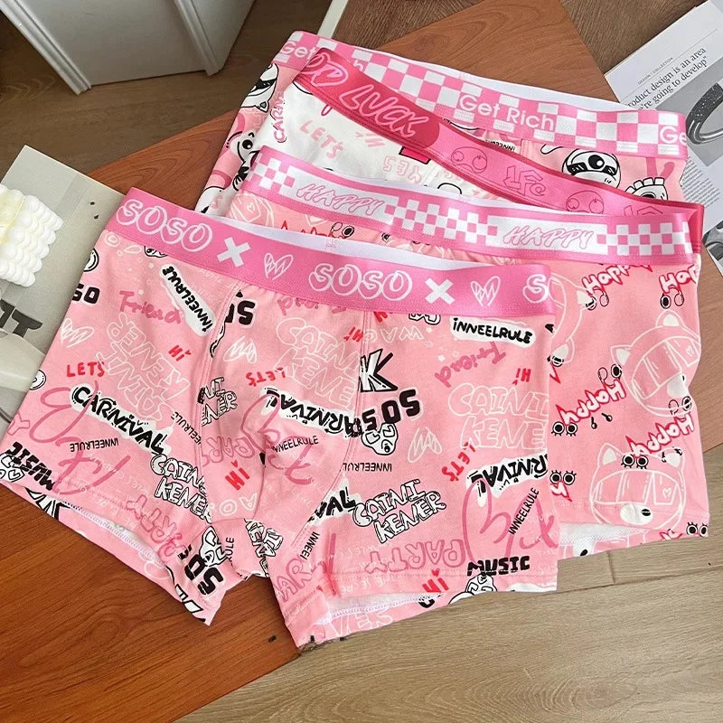 Trendy Pink Cotton Boxer Shorts for Men Cute Cartoon Design Bagged Four Corner Briefs Comfortable Breathable Men's Underwear