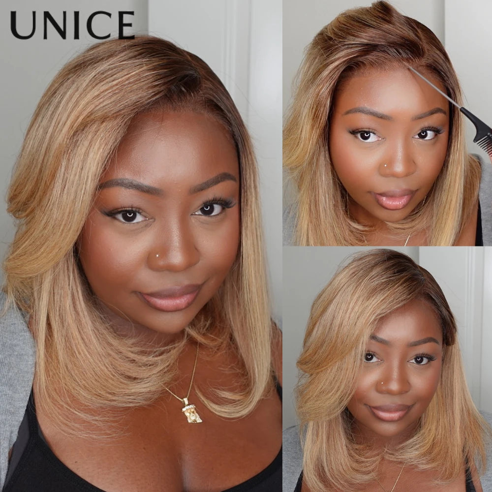 Unice Hair Silky Straight Blonde Bob Wig Human Hair With Brown Roots 7x5 Pre Cut Pre Bleached Glueless Wig Wear Go 150% Density