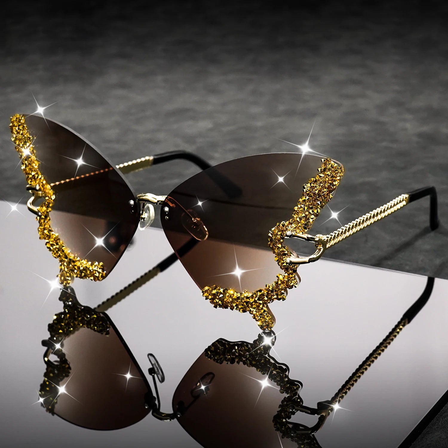 Butterfly Rimless Fashion Sunglasses for Women Men Bling Rhinestone Gradient Decorative Glasses for Costume Party
