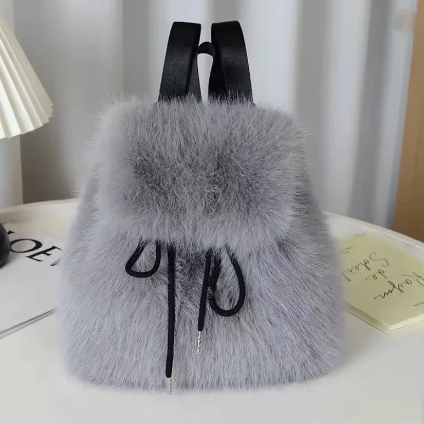2026 Casual Faux Fur Backpack for Women Drawstring Flap Closure Large Capacity School Bag Trendy Travel