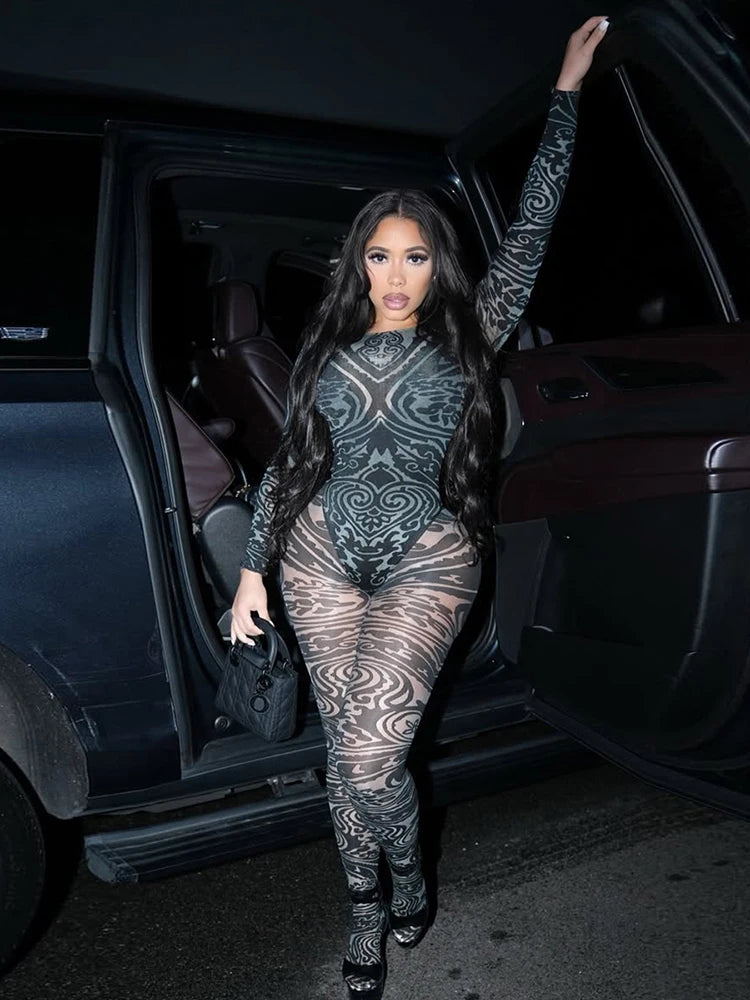 Sisterlinda Coquette Printed 2 Piece Set Stunning Mesh Full Sleeve Bodysuits+Sheer Skinny Pants Female Midnight Club Attirewear