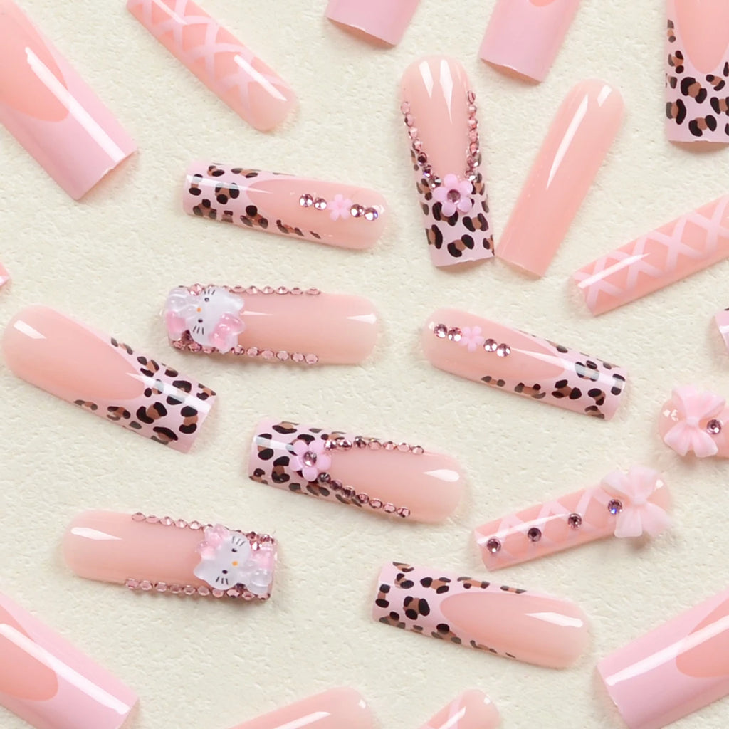 24Pcs Long Ballet Shape Nail Pink Leopard French Nail Art Patch Stereo Bow Pink Five-Petal Flower Ballet Style Fake Nail