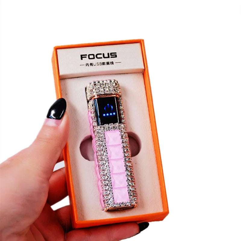 Rhinestone Touch Screen Lighter With Diamond Usb Charging Mute Cigarette Lighter Personality Ladies Lighter Windproof Gadget