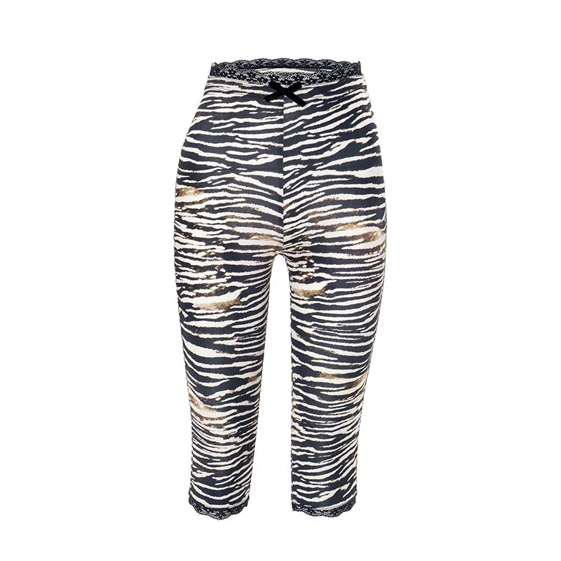 CUTENOVA Sexy Hottie Lace Edge Bow Decoration Leopard Print Slim Seven Pants Summer New Women'S Fashion Street Casual Seven Pant