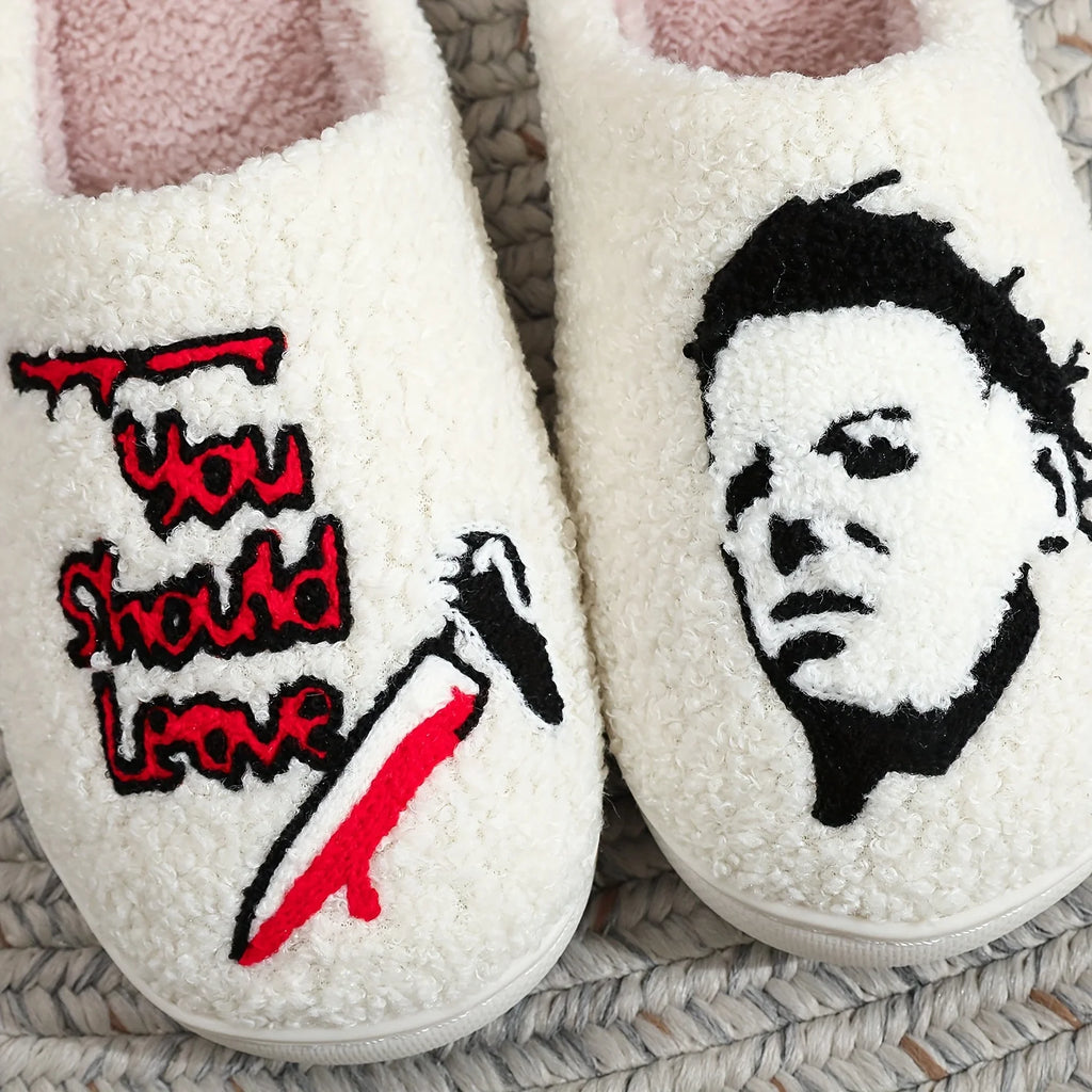 Halloween-themed plush slippers, featuring open-toe design for comfort and warmth, as well as  for indoor floor slippers