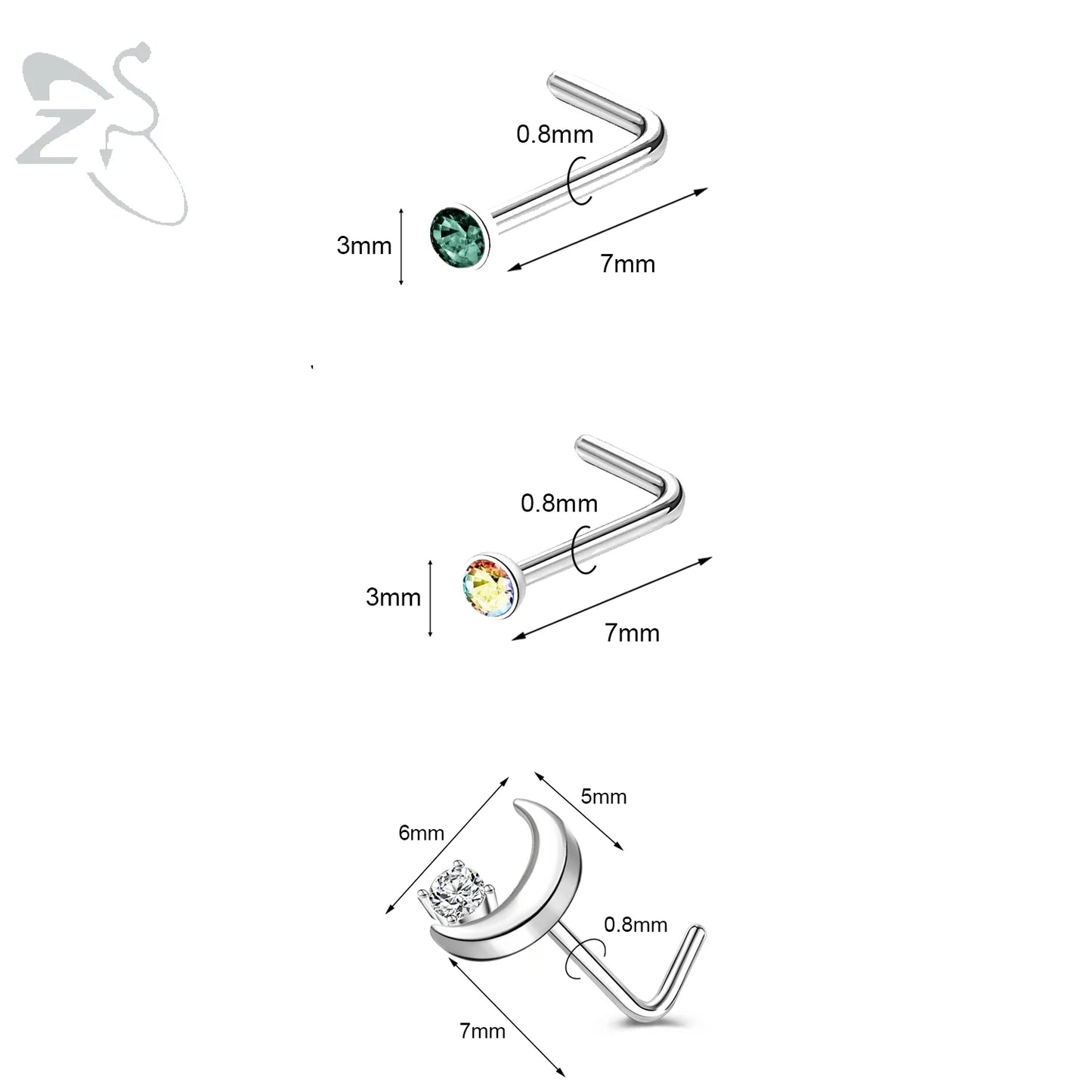 ZS 3pcs/lot 20G Stainless Steel Nose Stud Set Moon Heart Butterfly Crystal Nose Piercing Screw L Shape Nostril Piercing Jewelry