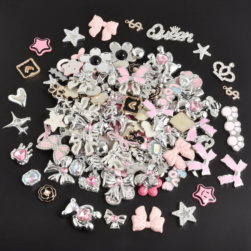 10/20/30/50pcs Random Mix Silver Color Heart Bow Star Charms For Junk Cases Flower Pink Girl Pendant DIY Hairpin Phone Case Bulk