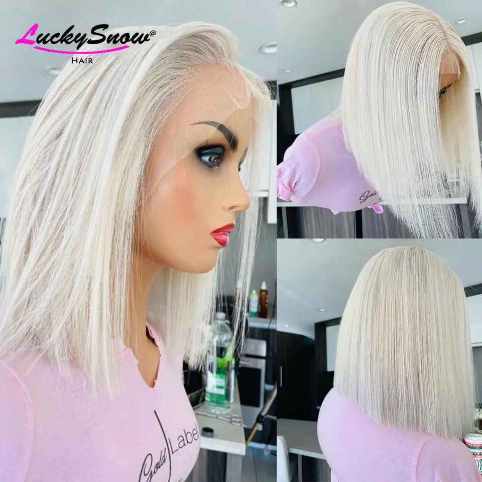 60 White Straight Short Bob Colored 100% Human Hair Wig High Quality Transparent 13x4 Lace Frontal Wigs Cosplay For Women HD Wig