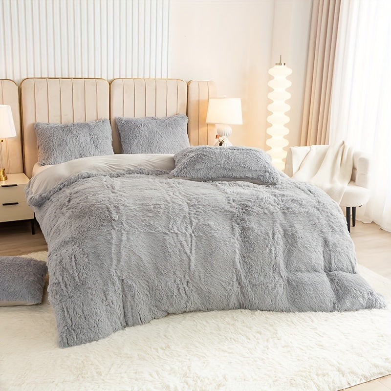 3pcs Multicolor Polyester Long-Hair Duvet Cover Set | Solid Color, Knitted, Zipper Closure, Plush Fabric, All-Season Comfort