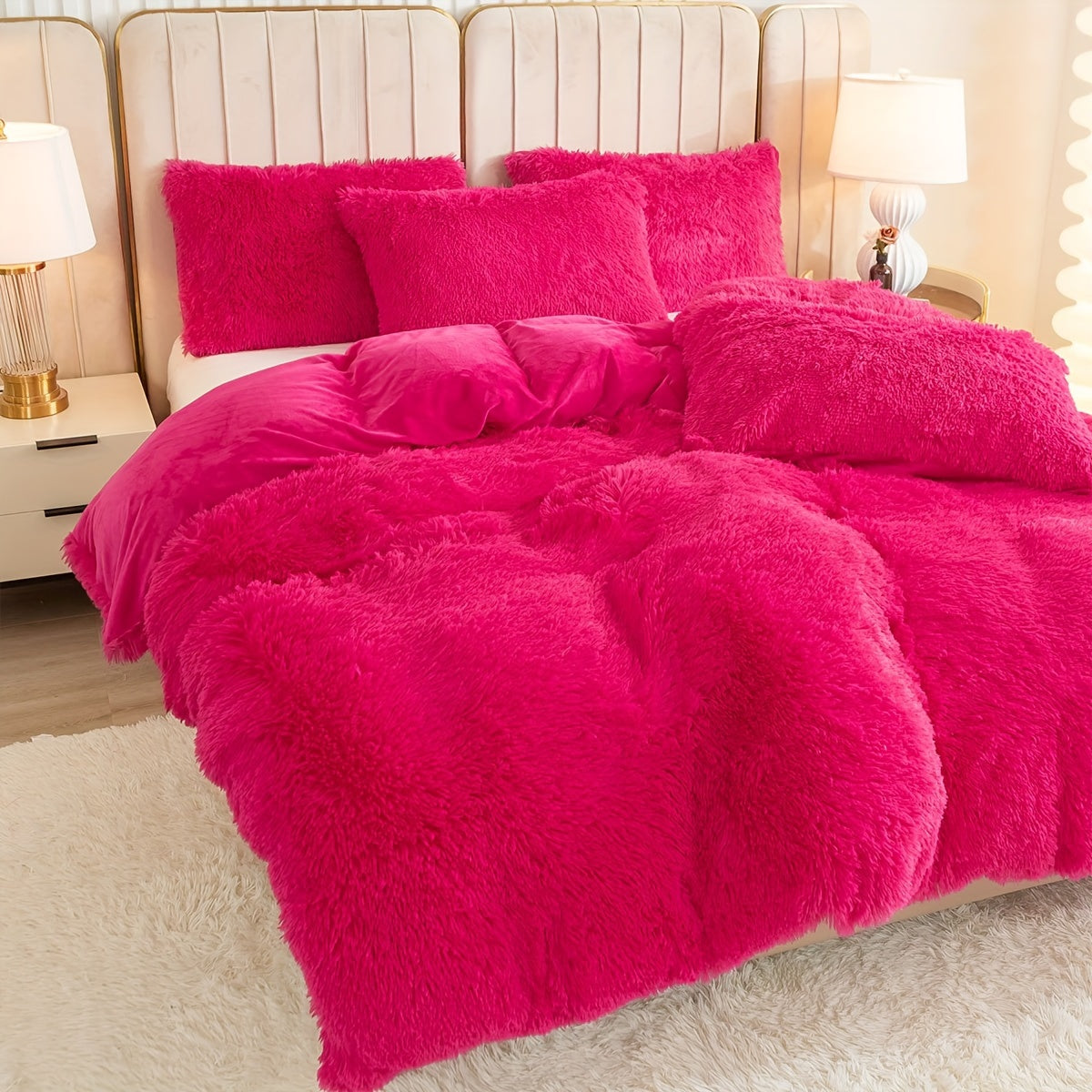 3pcs Multicolor Polyester Long-Hair Duvet Cover Set | Solid Color, Knitted, Zipper Closure, Plush Fabric, All-Season Comfort