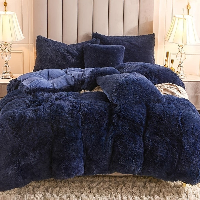 3pcs Multicolor Polyester Long-Hair Duvet Cover Set | Solid Color, Knitted, Zipper Closure, Plush Fabric, All-Season Comfort