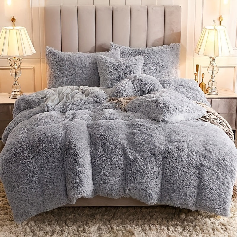 3pcs Multicolor Polyester Long-Hair Duvet Cover Set | Solid Color, Knitted, Zipper Closure, Plush Fabric, All-Season Comfort