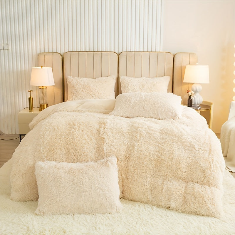 3pcs Multicolor Polyester Long-Hair Duvet Cover Set | Solid Color, Knitted, Zipper Closure, Plush Fabric, All-Season Comfort
