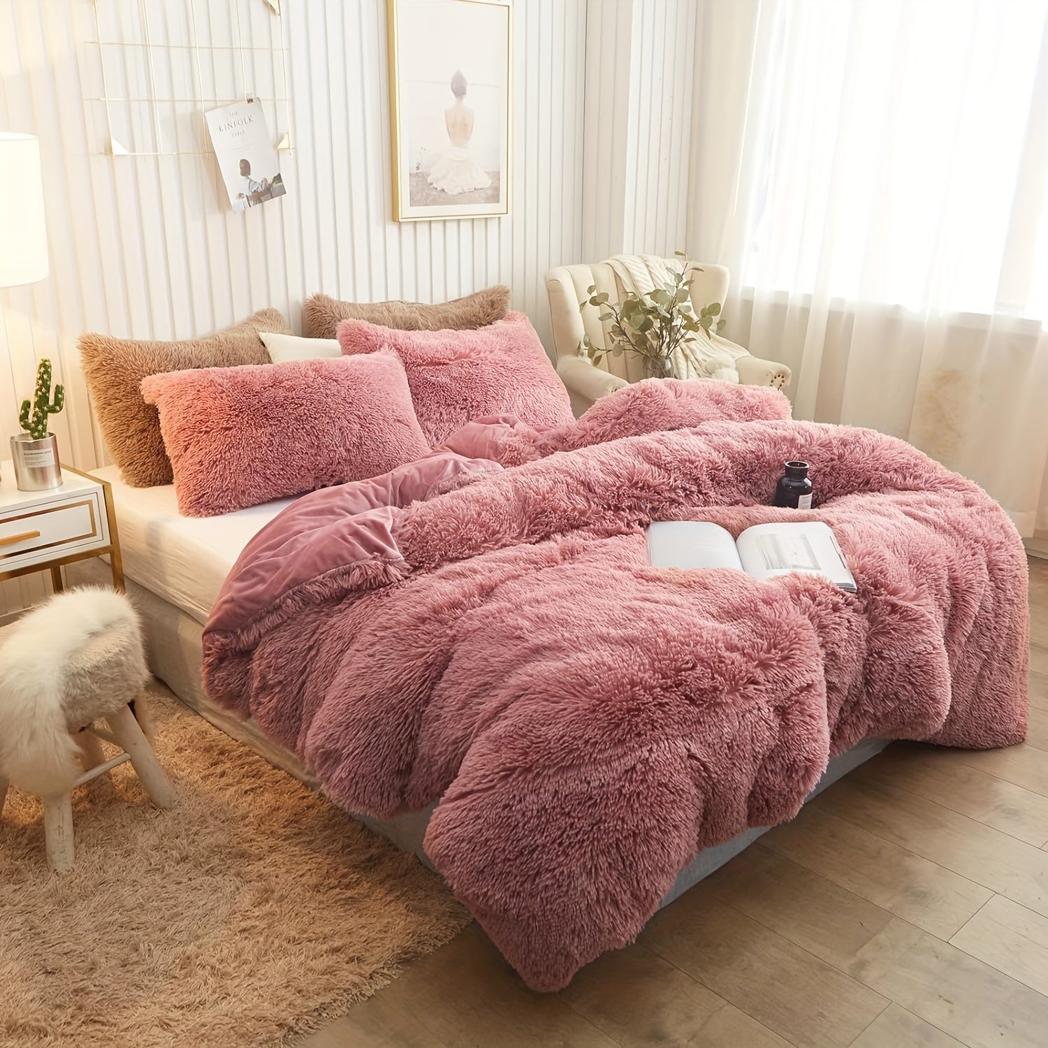 3pcs Multicolor Polyester Long-Hair Duvet Cover Set | Solid Color, Knitted, Zipper Closure, Plush Fabric, All-Season Comfort