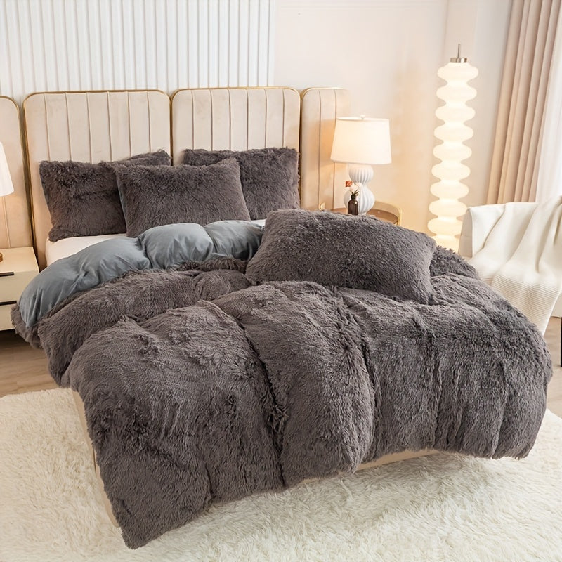 3pcs Multicolor Polyester Long-Hair Duvet Cover Set | Solid Color, Knitted, Zipper Closure, Plush Fabric, All-Season Comfort