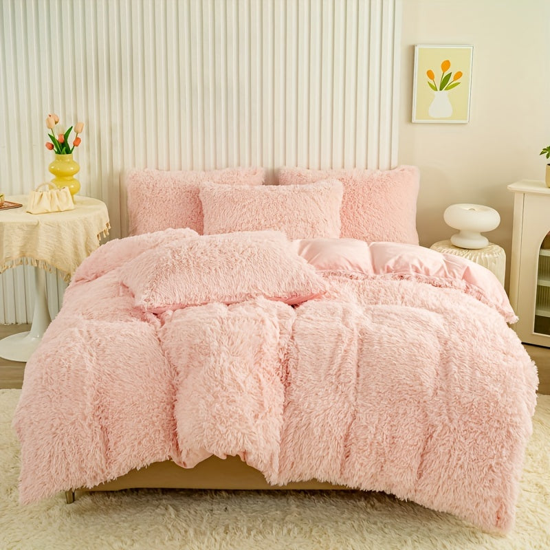 3pcs Multicolor Polyester Long-Hair Duvet Cover Set | Solid Color, Knitted, Zipper Closure, Plush Fabric, All-Season Comfort