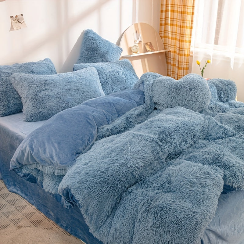 3pcs Multicolor Polyester Long-Hair Duvet Cover Set | Solid Color, Knitted, Zipper Closure, Plush Fabric, All-Season Comfort
