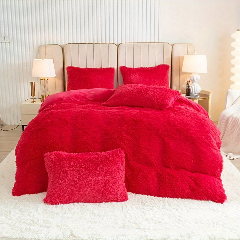 3pcs Multicolor Polyester Long-Hair Duvet Cover Set | Solid Color, Knitted, Zipper Closure, Plush Fabric, All-Season Comfort