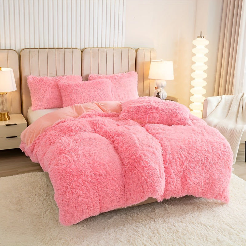 3pcs Multicolor Polyester Long-Hair Duvet Cover Set | Solid Color, Knitted, Zipper Closure, Plush Fabric, All-Season Comfort
