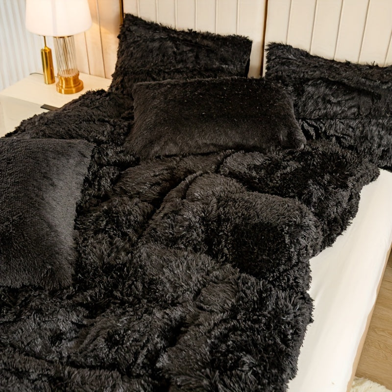 3pcs Multicolor Polyester Long-Hair Duvet Cover Set | Solid Color, Knitted, Zipper Closure, Plush Fabric, All-Season Comfort