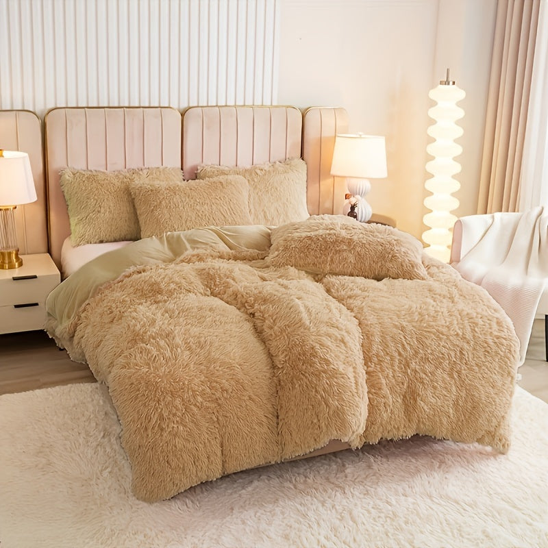 3pcs Multicolor Polyester Long-Hair Duvet Cover Set | Solid Color, Knitted, Zipper Closure, Plush Fabric, All-Season Comfort