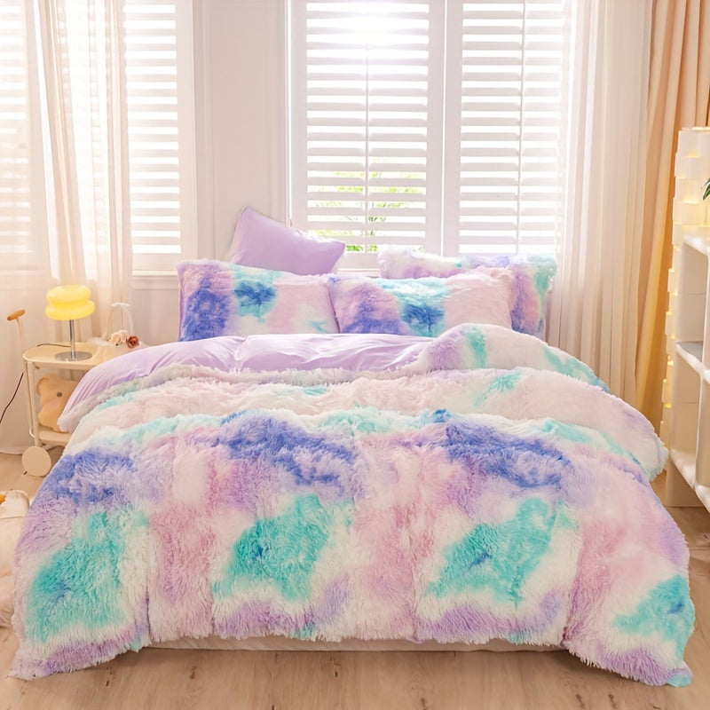 [Tie Dye Duvet Set] 3pcs Y2K Tie Dye Plush Duvet Cover Set - Soft & Warm Bedding Set - 1 Duvet Cover + 2 Pillowcase