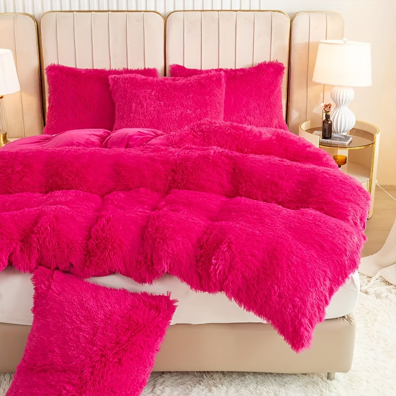 3pcs Multicolor Polyester Long-Hair Duvet Cover Set | Solid Color, Knitted, Zipper Closure, Plush Fabric, All-Season Comfort