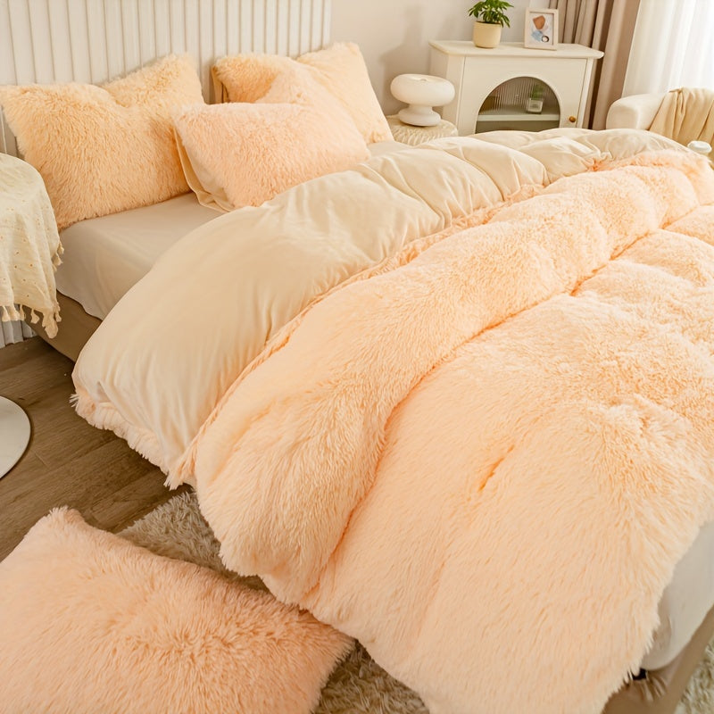 3pcs Multicolor Polyester Long-Hair Duvet Cover Set | Solid Color, Knitted, Zipper Closure, Plush Fabric, All-Season Comfort