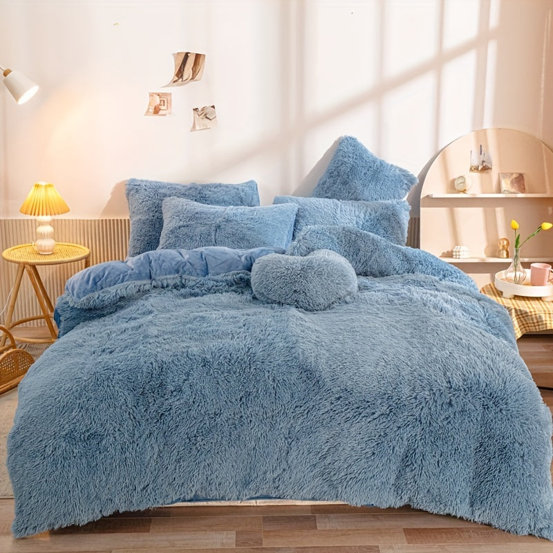 3pcs Multicolor Polyester Long-Hair Duvet Cover Set | Solid Color, Knitted, Zipper Closure, Plush Fabric, All-Season Comfort