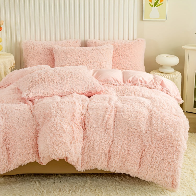 3pcs Multicolor Polyester Long-Hair Duvet Cover Set | Solid Color, Knitted, Zipper Closure, Plush Fabric, All-Season Comfort