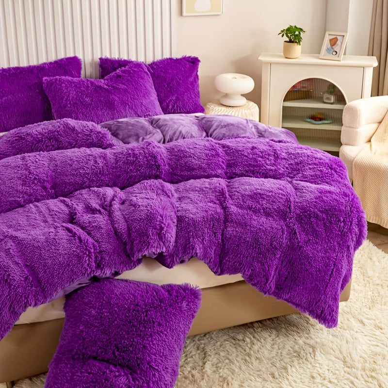 3pcs Multicolor Polyester Long-Hair Duvet Cover Set | Solid Color, Knitted, Zipper Closure, Plush Fabric, All-Season Comfort