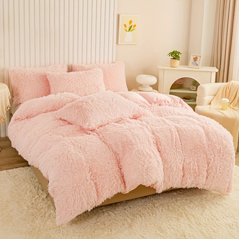 3pcs Multicolor Polyester Long-Hair Duvet Cover Set | Solid Color, Knitted, Zipper Closure, Plush Fabric, All-Season Comfort