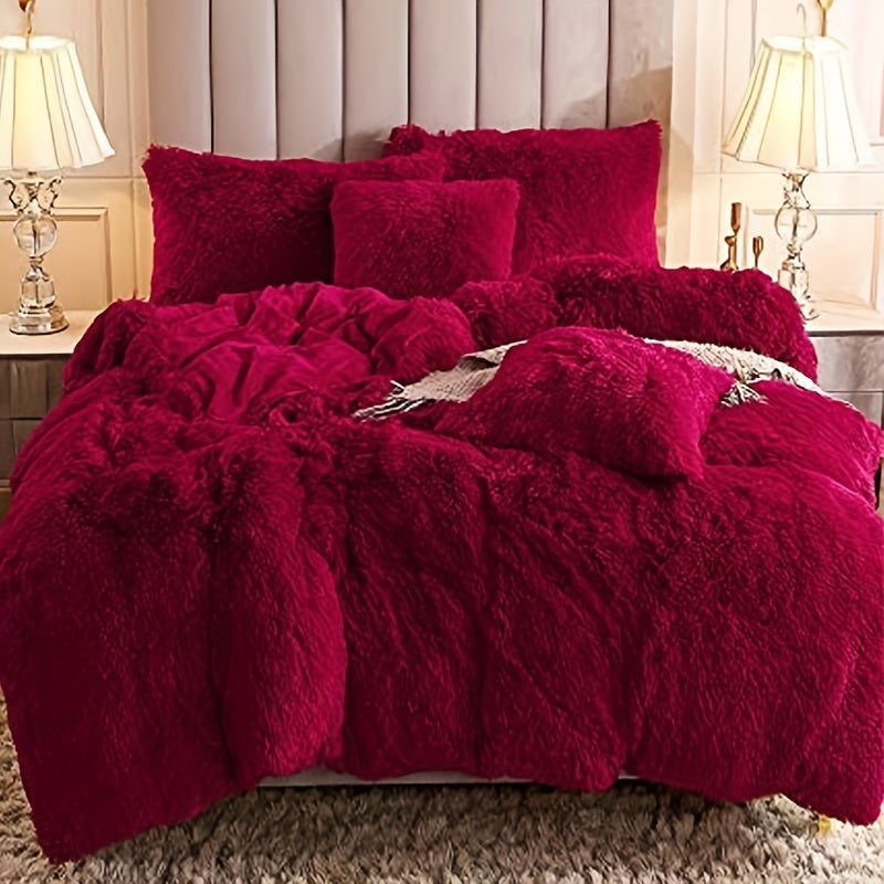 3pcs Multicolor Polyester Long-Hair Duvet Cover Set | Solid Color, Knitted, Zipper Closure, Plush Fabric, All-Season Comfort