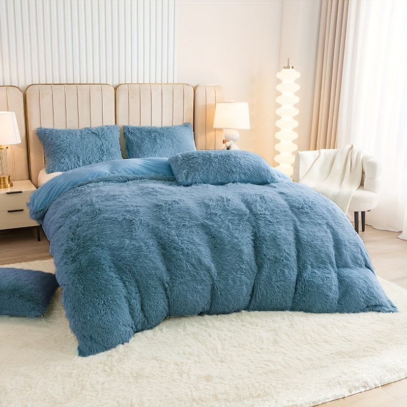 3pcs Multicolor Polyester Long-Hair Duvet Cover Set | Solid Color, Knitted, Zipper Closure, Plush Fabric, All-Season Comfort