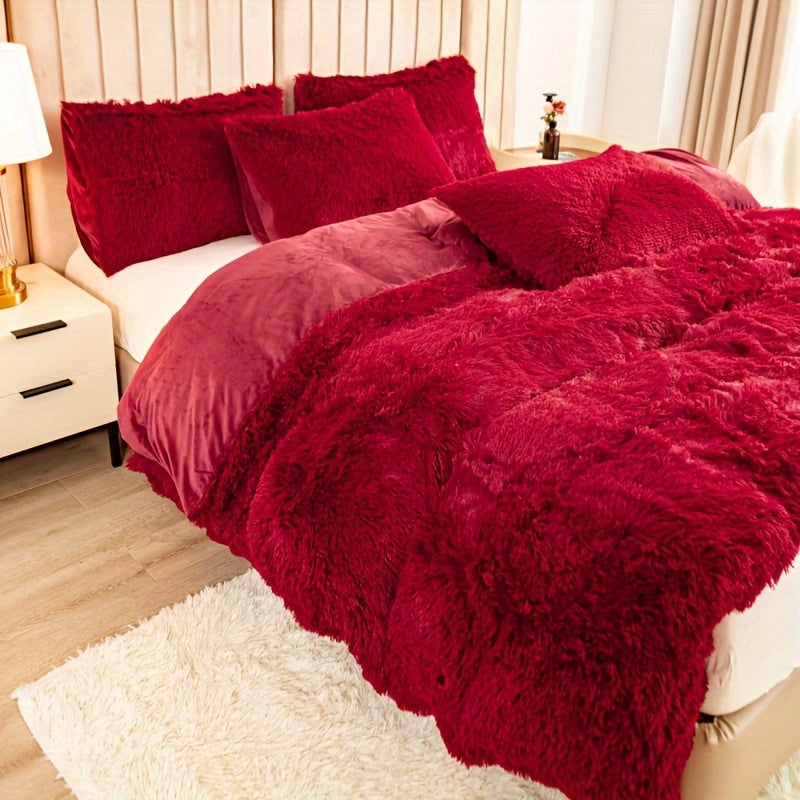 3pcs Multicolor Polyester Long-Hair Duvet Cover Set | Solid Color, Knitted, Zipper Closure, Plush Fabric, All-Season Comfort