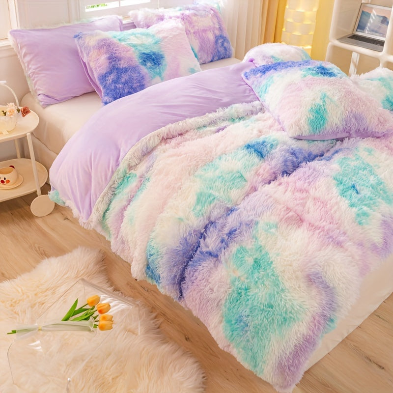 [Tie Dye Duvet Set] 3pcs Y2K Tie Dye Plush Duvet Cover Set - Soft & Warm Bedding Set - 1 Duvet Cover + 2 Pillowcase